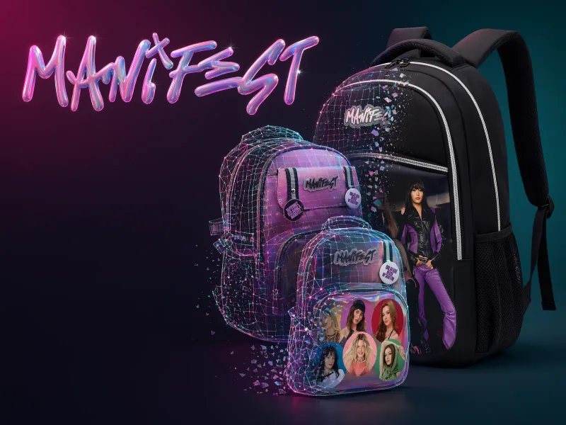 Manifest logosu ve Manifest lisanslı siyah ile holografik okul çantaları