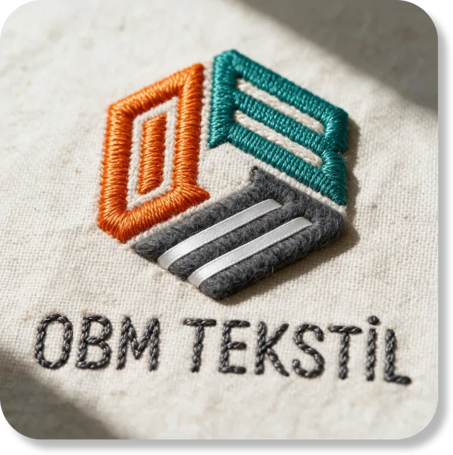 Krem renkli kanvas kumaşa turuncu, teal ve gri ipliklerle nakışlanmış OBM Tekstil logosu